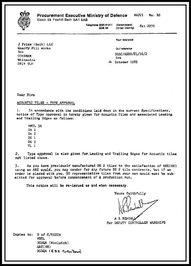 MOD   approval for cladding tiles for submarines and ships
