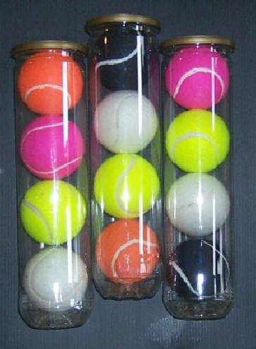 red,blue,yellow,white,black, pink tennis balls,tubes of