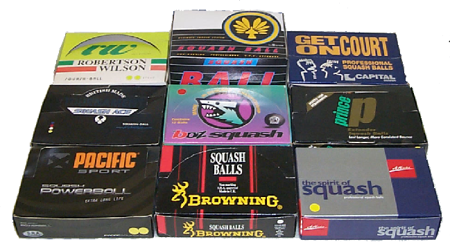 Robertson squash balls,Oliver squash balls,Capital squash balls,Box squash balls,Prince Extender squash balls,Pacific Power ball squash balls,Browning squash balls,Henkal squash balls